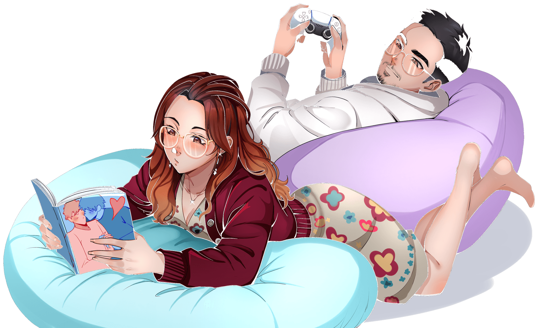 Ilustração encomendada de Ana Beatriz e Henrique deitados em pufes, ela lendo um livro e ele jogando videogame